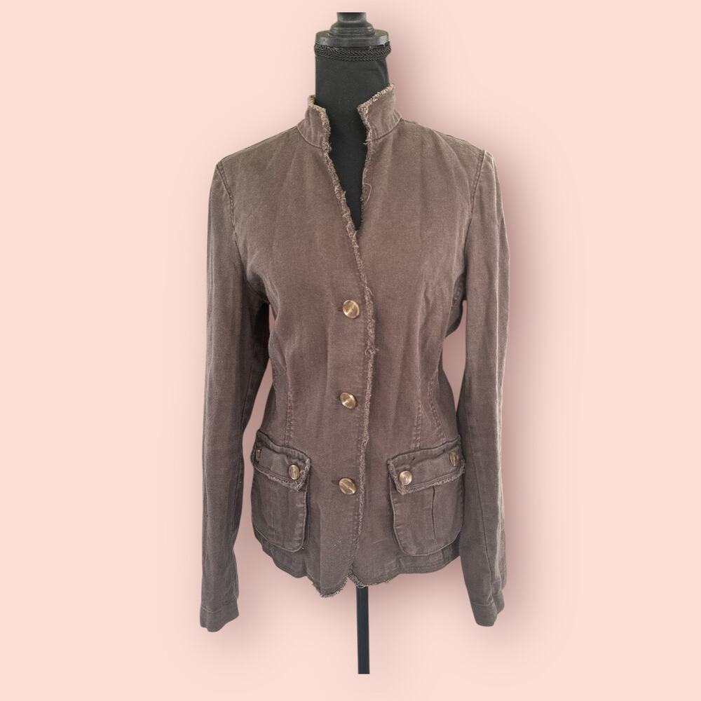 Vtg Linen Blend Button Up Long Sleeve Lagenlook Brown Boho Jacket Women's Large